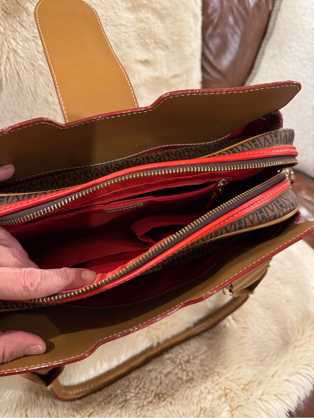 Tan and Brown Patterned Satchel Handbag with Red Accent - Picture 3 of 4